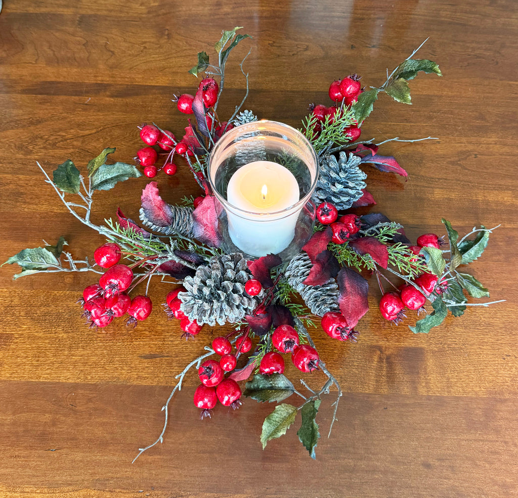 Holiday Glass Hurricane Candle Holder with Berries, 16" Wide x 6" High, Pine Cones and Red Berry Centerpiece