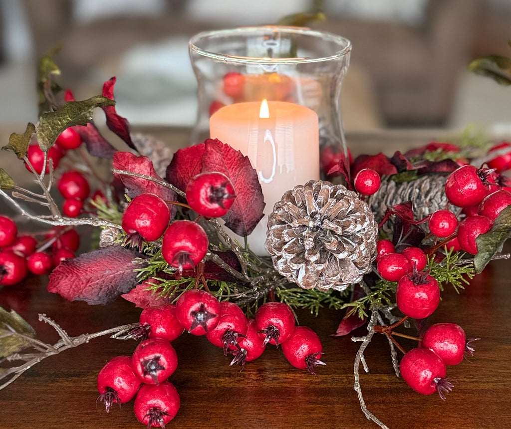 Holiday Glass Hurricane Candle Holder with Berries, 16" Wide x 6" High, Pine Cones and Red Berry Centerpiece