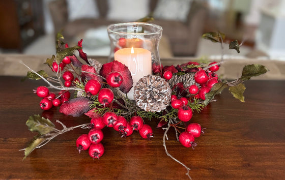 Holiday Glass Hurricane Candle Holder with Berries, 16" Wide x 6" High, Pine Cones and Red Berry Centerpiece