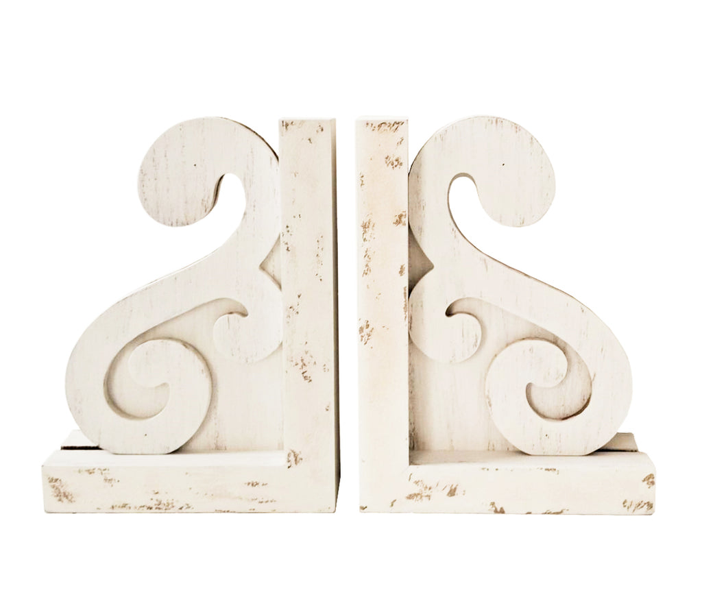 Decorative Wood Corbel Bookends, White Carved Design, 7-7/8 x 5-7/8 x 2 inches, Set of 2