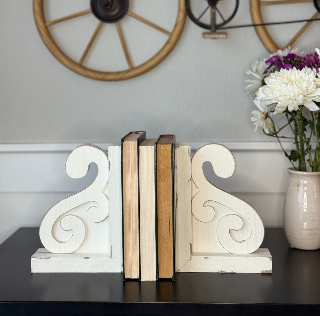 Decorative Wood Corbel Bookends, White Carved Design, 7-7/8 x 5-7/8 x 2 inches, Set of 2