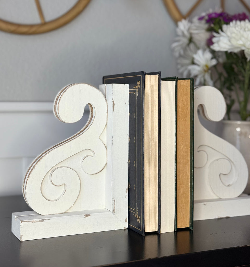 Decorative Wood Corbel Bookends, White Carved Design, 7-7/8 x 5-7/8 x 2 inches, Set of 2
