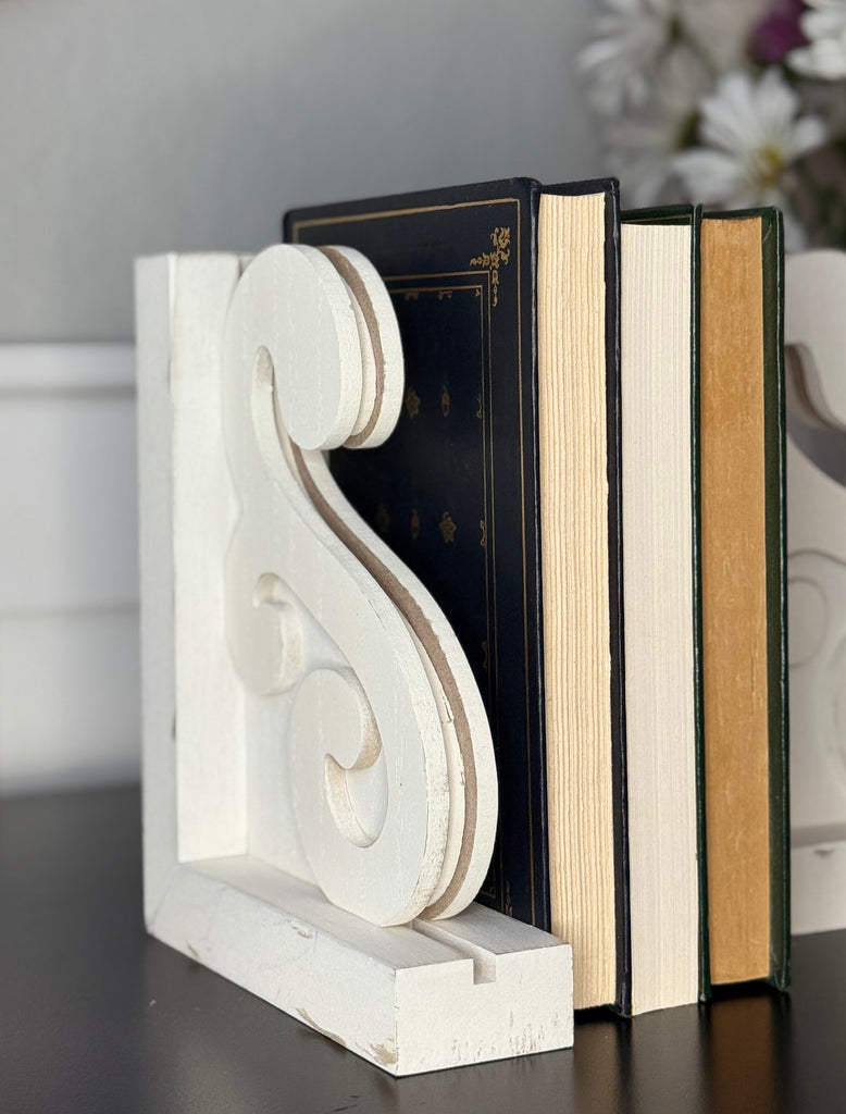 Decorative Wood Corbel Bookends, White Carved Design, 7-7/8 x 5-7/8 x 2 inches, Set of 2