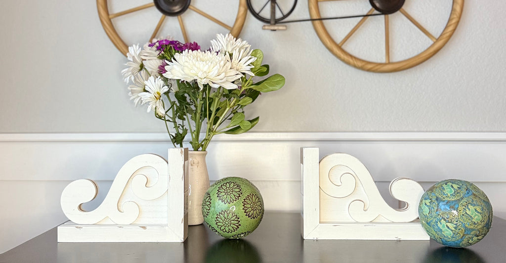 Decorative Wood Corbel Bookends, White Carved Design, 7-7/8 x 5-7/8 x 2 inches, Set of 2