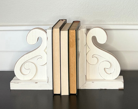Decorative Wood Corbel Bookends, White Carved Design, 7-7/8 x 5-7/8 x 2 inches, Set of 2