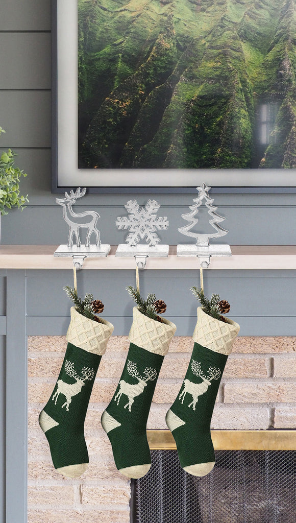 Set of 3 Silver Cast Iron Christmas Stocking Hangers - Stocking Holders Reindeer, Snowflake and Tree - 5 Inches to 6-1/2 Inches High, Heavy Weighted 1.4 Pounds Each
