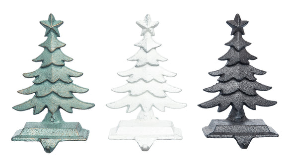 Cast Iron Christmas Stocking Hanger Set of 3, Christmas Tree Design, Burnished Patina/White/Black Finishes, 1.3 lbs Each, 6.25 Inches High