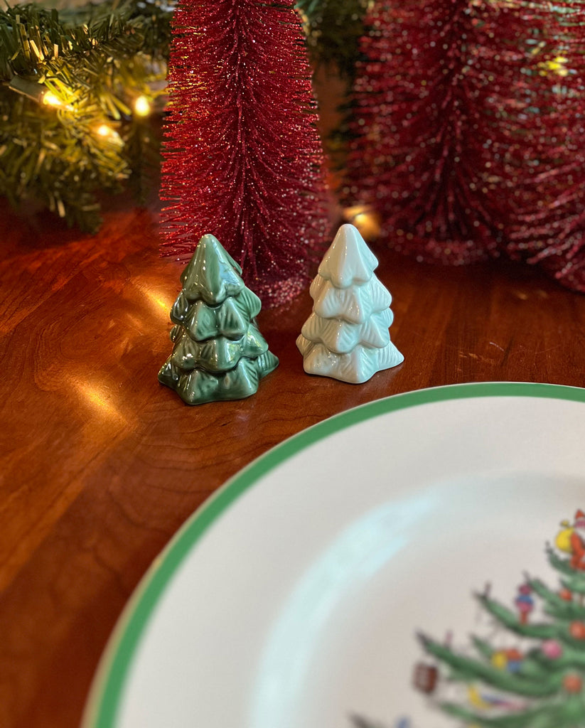 Ceramic Christmas Tree Salt and Pepper Shaker Set, Green, 3 Inches High