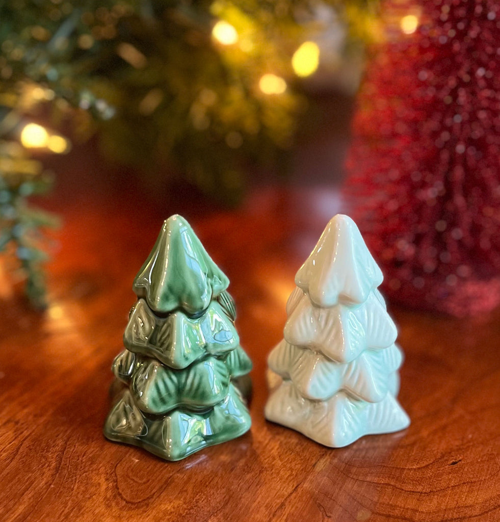 Ceramic Christmas Tree Salt and Pepper Shaker Set, Green, 3 Inches High