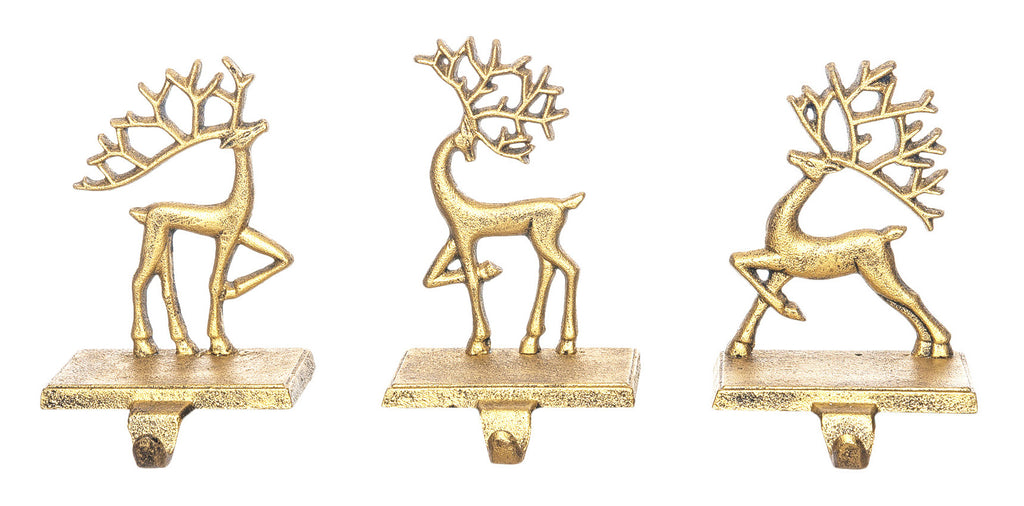 Cast Iron Christmas Stocking Hanger Set of 3 Reindeer in Burnished Gold Finish,Solid Cast Iron Metal Design, 1.6 Pound Each