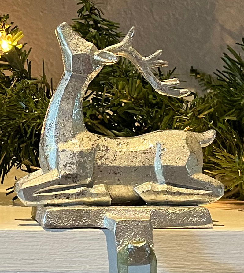 TenWaterloo Set of 2 Deer Christmas Stocking Hangers in Silver and Gold Leaf Look Cast Iron with Sculpted Resin - Reindeer Stocking Holders - 4.75 Inches High, Heavy Weighted 1.4 Pounds Each