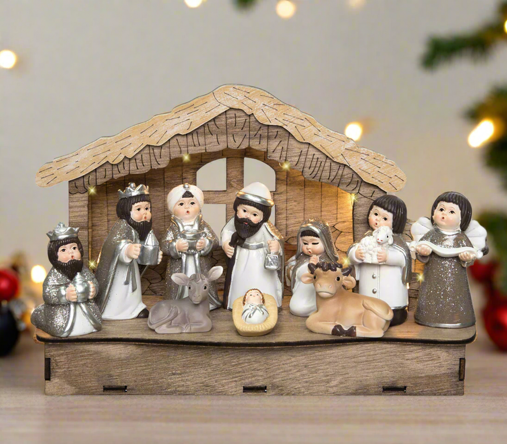 Lighted Christmas Tabletop Nativity with 10 Figurines, 8 x 5.5 inches, Silver with Glittered Accents, Battery Operated, Wood Creche and Polyresin Figurines