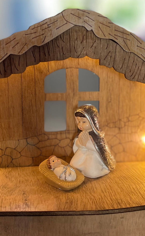 Lighted Christmas Tabletop Nativity with 10 Figurines, 8 x 5.5 inches, Silver with Glittered Accents, Battery Operated, Wood Creche and Polyresin Figurines