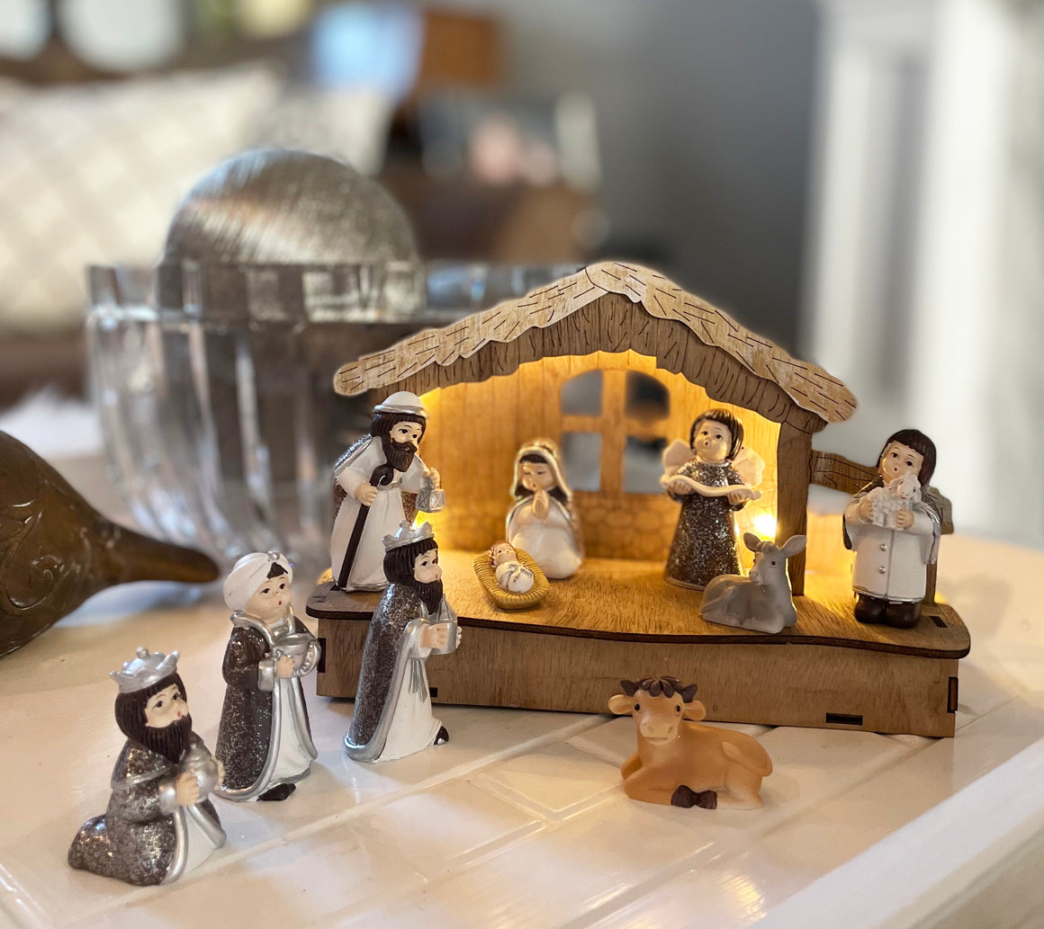 Lighted Christmas Tabletop Nativity with 10 Figurines, 8 x 5.5 inches, Silver with Glittered Accents, Battery Operated, Wood Creche and Polyresin Figurines