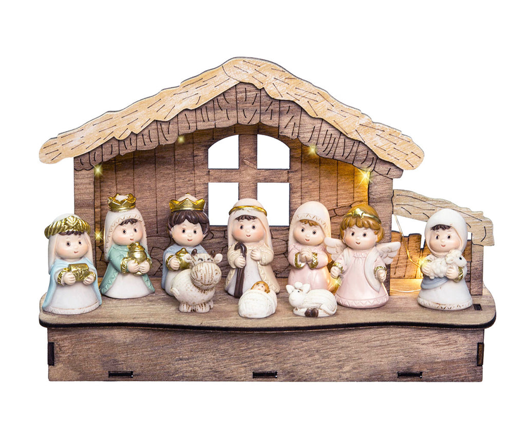 Lighted Christmas Tabletop Nativity with 10 Figurines, 8 x 5.5 inches, Blue with Gold Accents, Battery Operated, Wood Creche and Polyresin Figurines