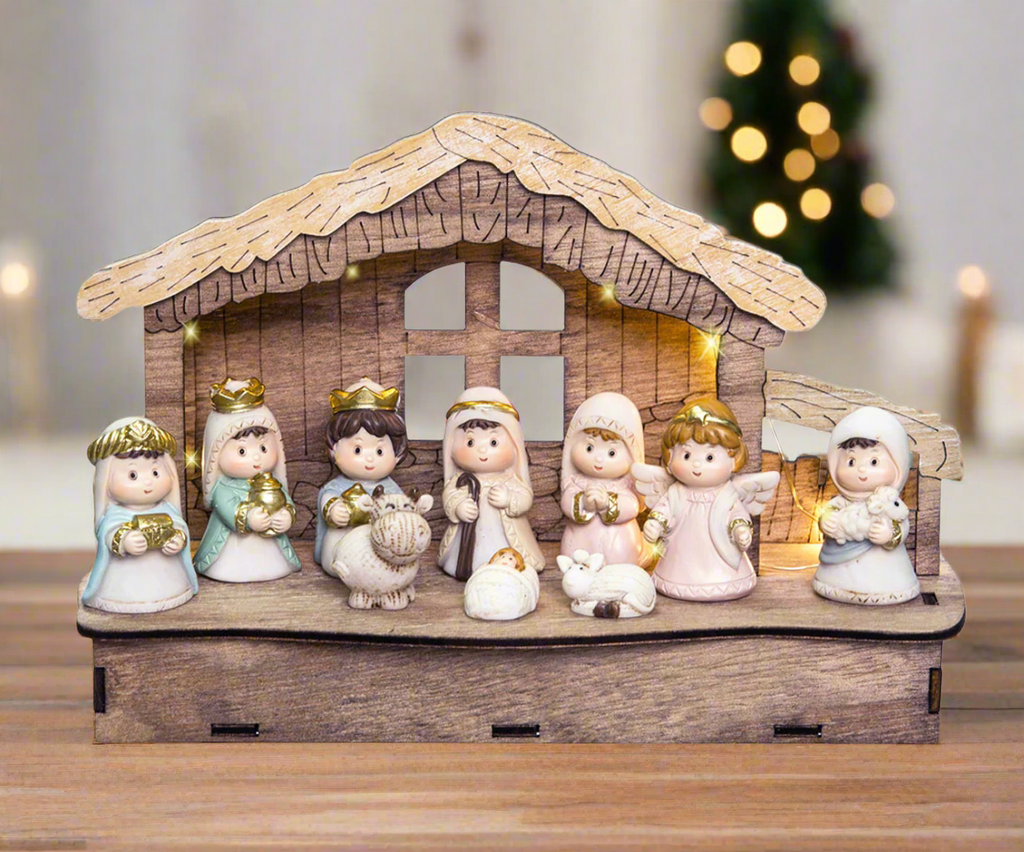 Lighted Christmas Tabletop Nativity with 10 Figurines, 8 x 5.5 inches, Blue with Gold Accents, Battery Operated, Wood Creche and Polyresin Figurines