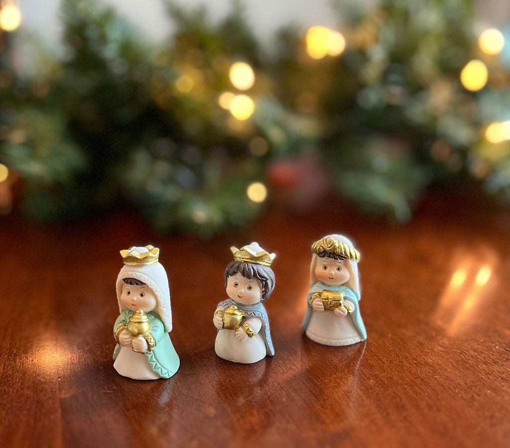 Lighted Christmas Tabletop Nativity with 10 Figurines, 8 x 5.5 inches, Blue with Gold Accents, Battery Operated, Wood Creche and Polyresin Figurines