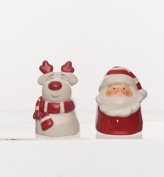 Christmas Santa Claus and Rudolph Holiday Salt and Pepper Shaker Set, Ceramic, 3.25 Inches High, Red and White Gloss Ceramic Set