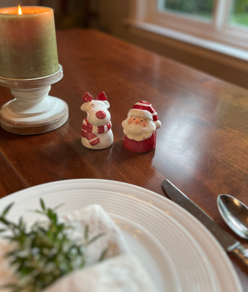 Christmas Santa Claus and Rudolph Holiday Salt and Pepper Shaker Set, Ceramic, 3.25 Inches High, Red and White Gloss Ceramic Set