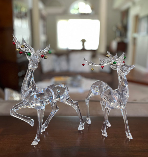 Christmas Reindeer Set of 2 in Clear Acrylic, Christmas Jingle Bells on Antlers, Holiday Deer Figurines, 10 and 11 Inches High, Cut Glass Appearance