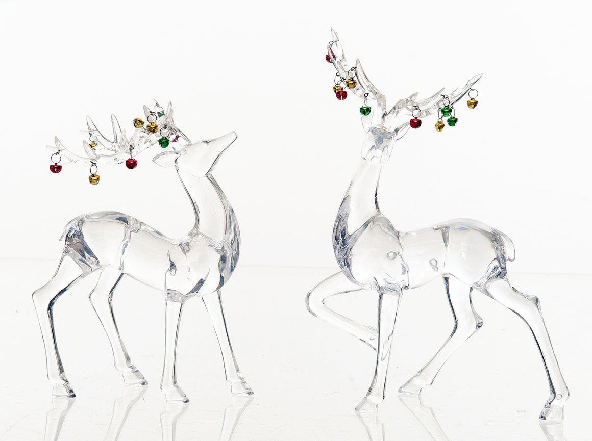 Christmas Reindeer Set of 2 in Clear Acrylic, Christmas Jingle Bells on Antlers, Holiday Deer Figurines, 10 and 11 Inches High, Cut Glass Appearance