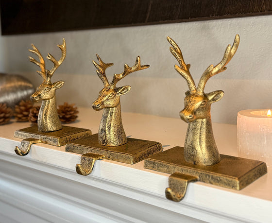 Solid Cast Iron Rustic Elegance Gold Reindeer Christmas Stocking Holders, Set of 3, 7 inches High