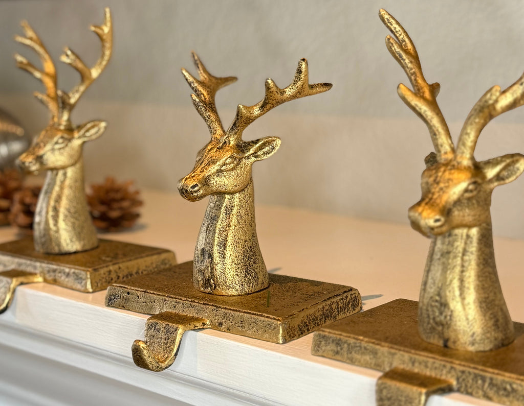 Solid Cast Iron Rustic Elegance Gold Reindeer Christmas Stocking Holders, Set of 3, 7 inches High