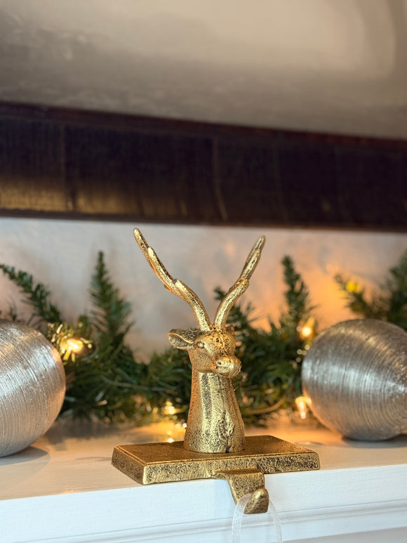 Solid Cast Iron Rustic Elegance Gold Reindeer Christmas Stocking Holders, Set of 3, 7 inches High