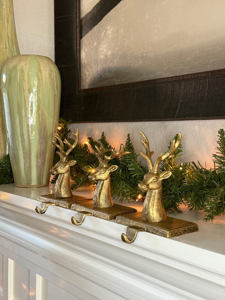 Solid Cast Iron Rustic Elegance Gold Reindeer Christmas Stocking Holders, Set of 3, 7 inches High