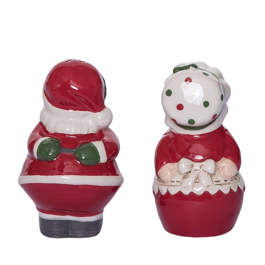 Kissing Santa and Mrs. Claus Ceramic Christmas Salt and Pepper Shaker Set, 3.75" x 2.25" x 3.75" - Red, Green, White