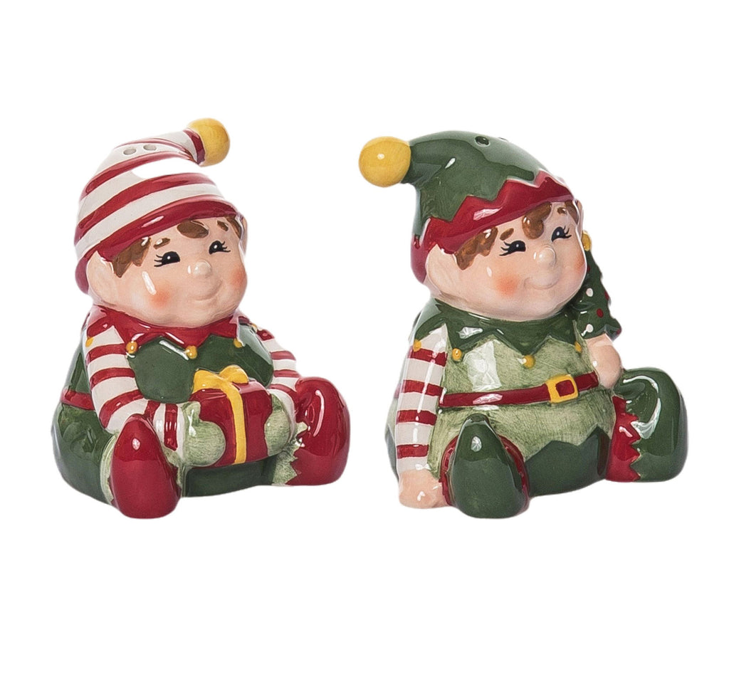 Ceramic Christmas Elves Salt and Pepper Shaker Set in Red, Green, White - 3.5 x 3.25 x 3.5 inches