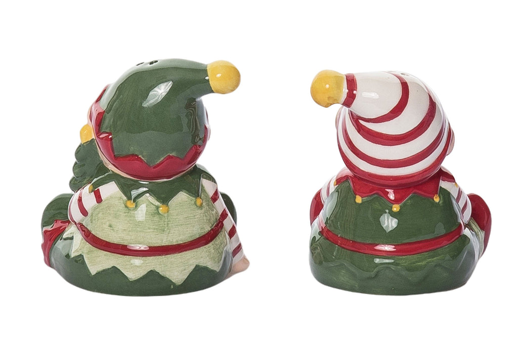 Ceramic Christmas Elves Salt and Pepper Shaker Set in Red, Green, White - 3.5 x 3.25 x 3.5 inches