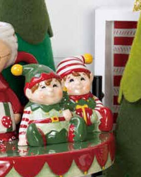 Ceramic Christmas Elves Salt and Pepper Shaker Set in Red, Green, White - 3.5 x 3.25 x 3.5 inches