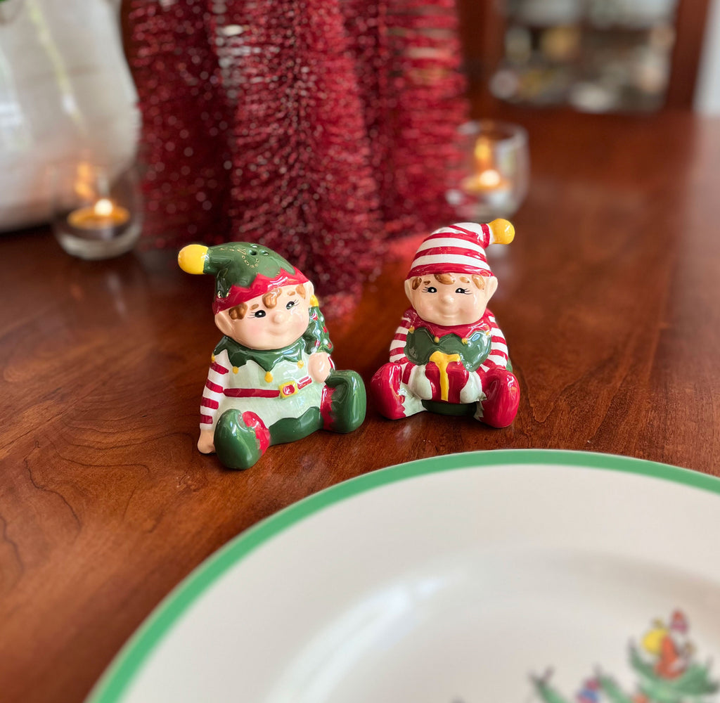 Ceramic Christmas Elves Salt and Pepper Shaker Set in Red, Green, White - 3.5 x 3.25 x 3.5 inches