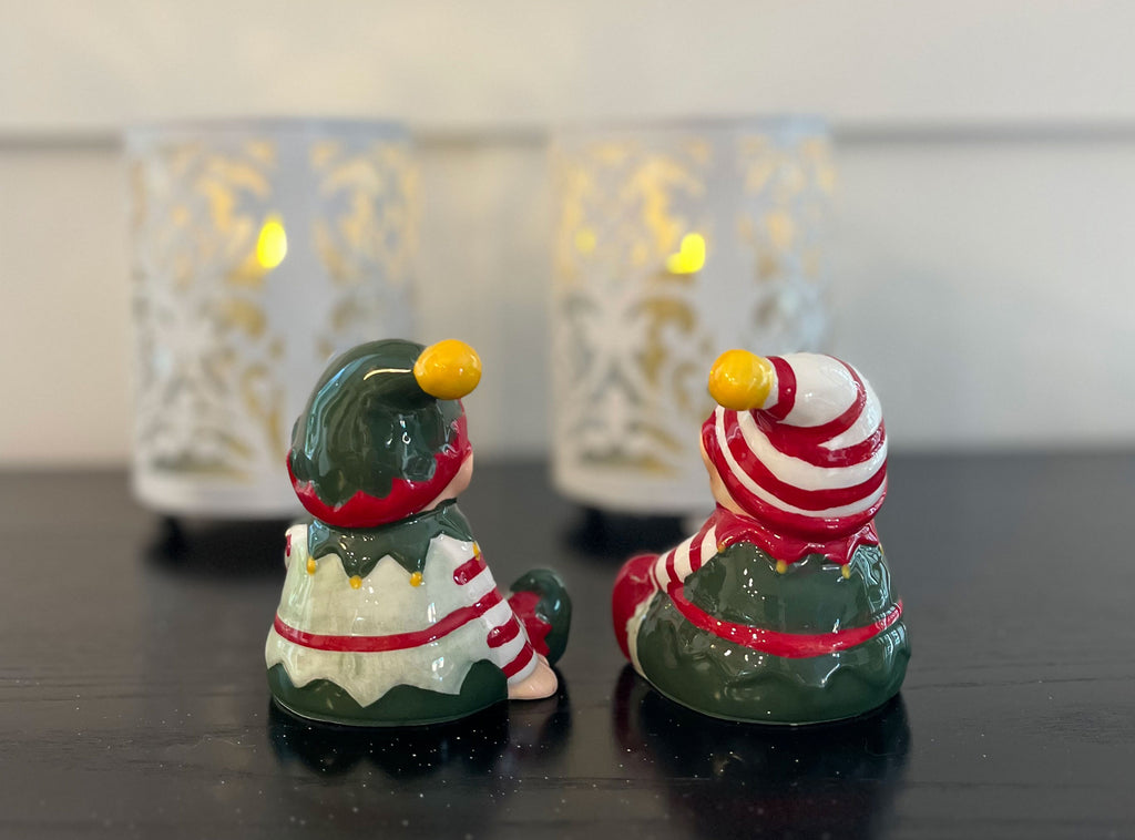 Ceramic Christmas Elves Salt and Pepper Shaker Set in Red, Green, White - 3.5 x 3.25 x 3.5 inches