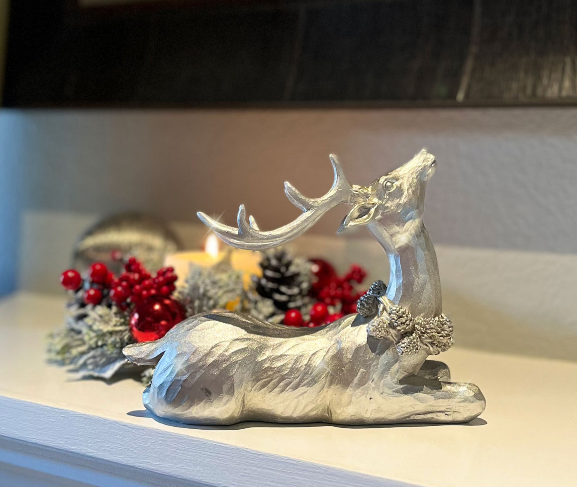 TenWaterloo Silver Sparkled Christmas Reindeer Figurine Set of 2, Sculpted Resin Deer Statues, 12 Inches High, with Pinecone Garland Accents