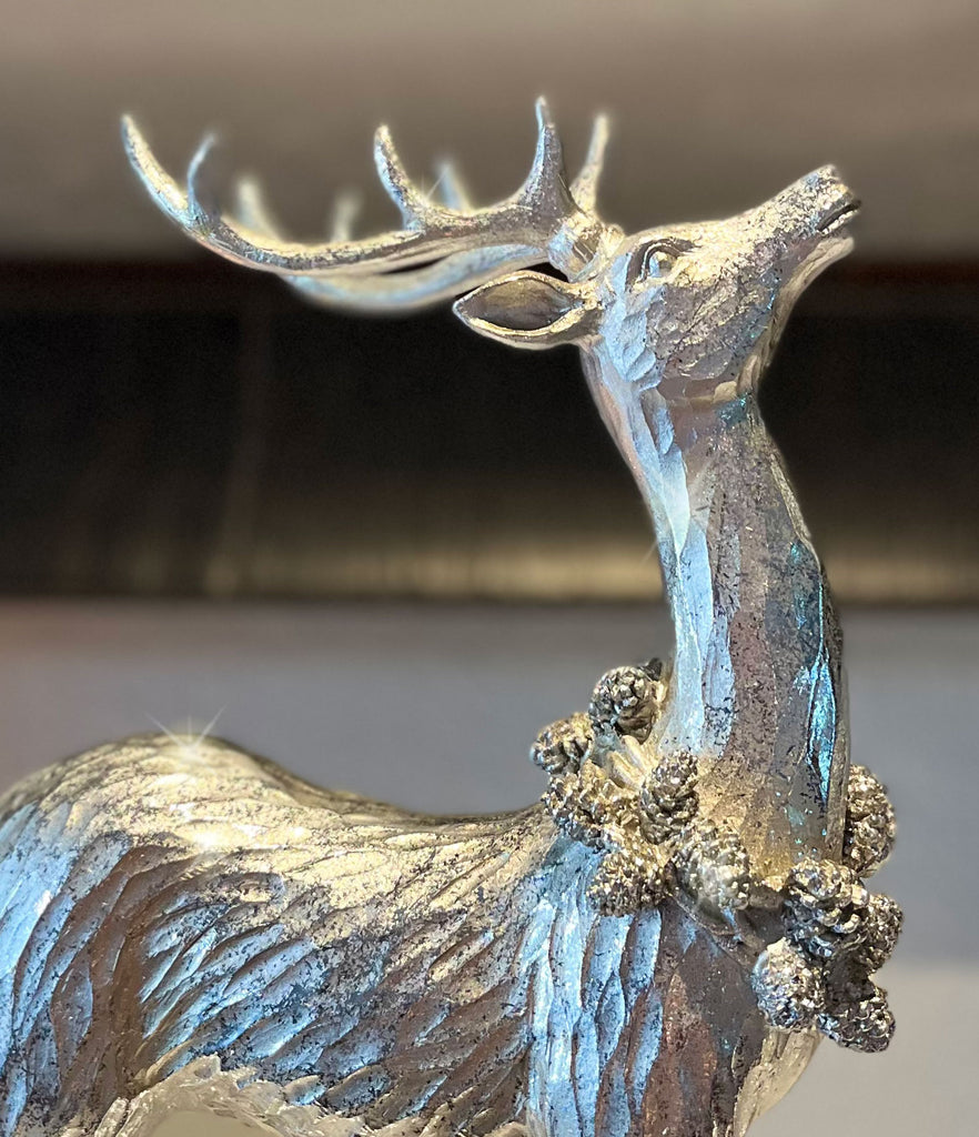 TenWaterloo Silver Sparkled Christmas Reindeer Figurine Set of 2, Sculpted Resin Deer Statues, 12 Inches High, with Pinecone Garland Accents