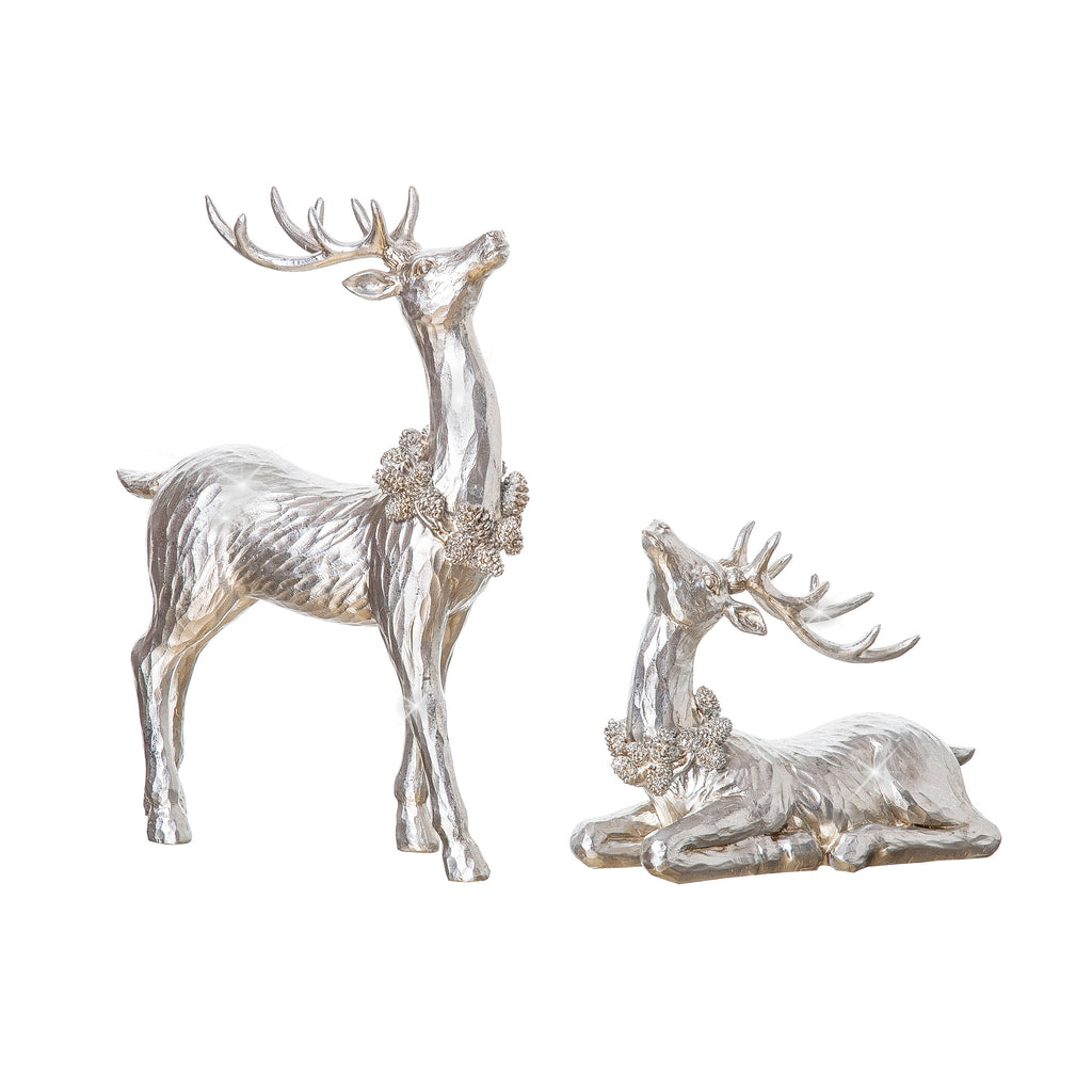 TenWaterloo Silver Sparkled Christmas Reindeer Figurine Set of 2, Sculpted Resin Deer Statues, 12 Inches High, with Pinecone Garland Accents