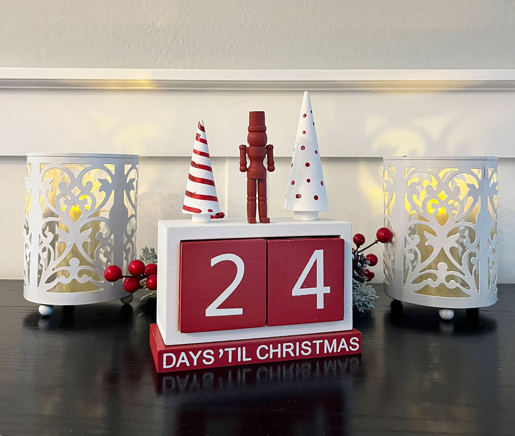 Christmas Nutcracker Advent Countdown Calendar, Wood, Red and White, 8" x 6"