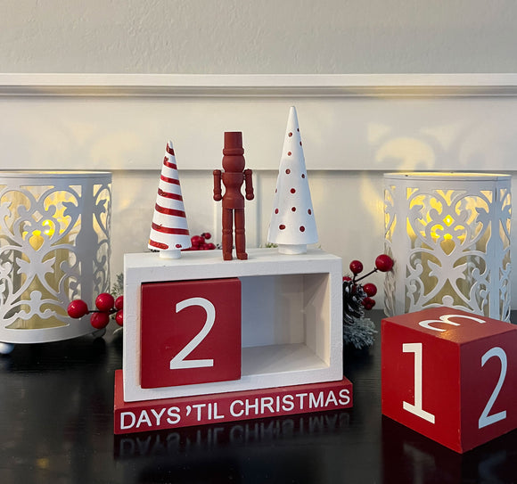 Christmas Nutcracker Advent Countdown Calendar, Wood, Red and White, 8" x 6"