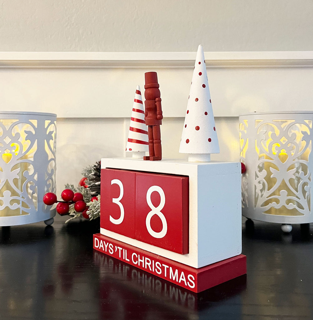 Christmas Nutcracker Advent Countdown Calendar, Wood, Red and White, 8" x 6"