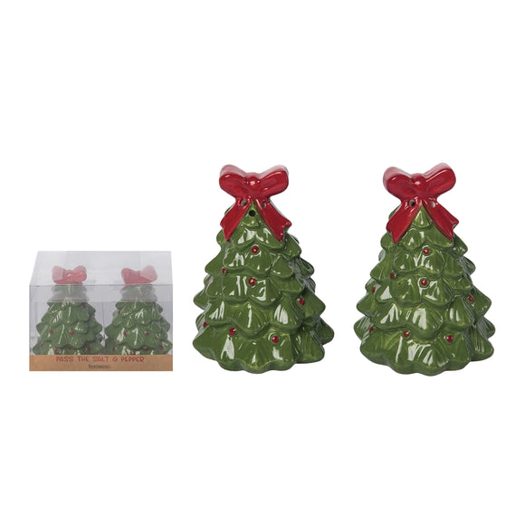 Christmas Tree Salt and Pepper Shaker Set, Ceramic, 3 Inches High, Green with Red Bow, Holiday Table Decor