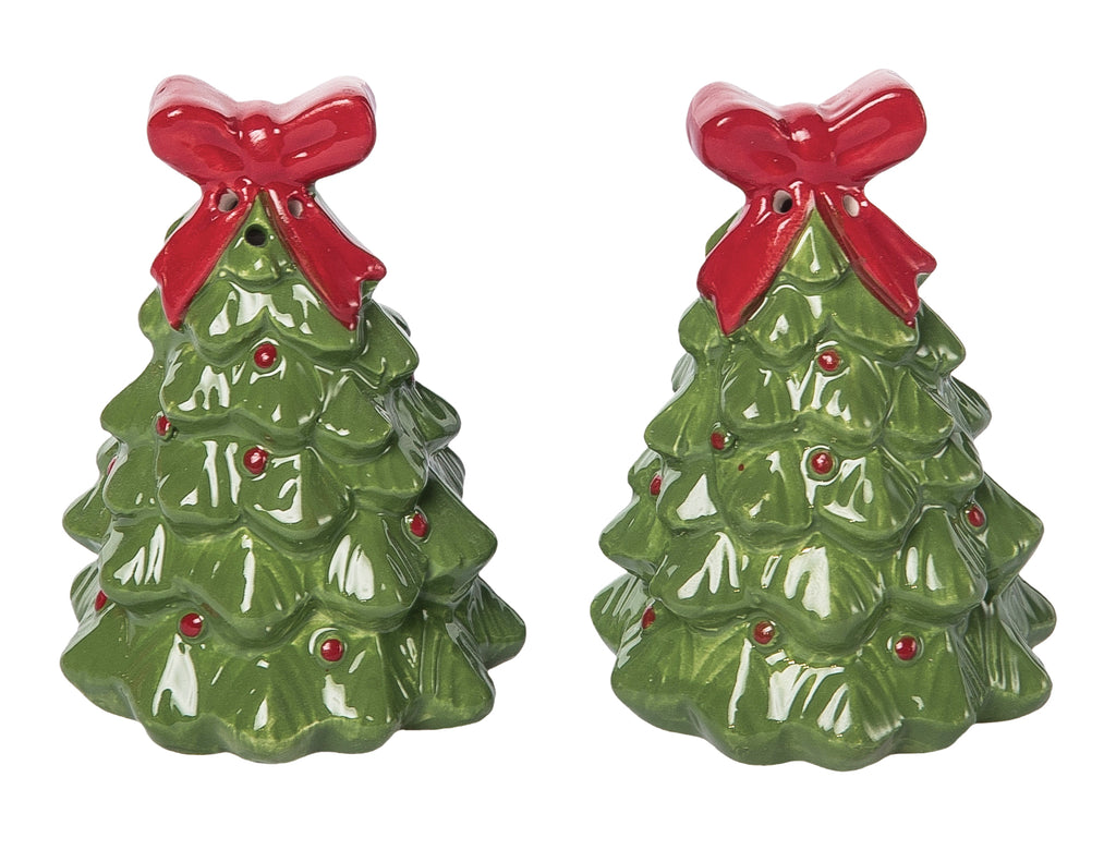 Christmas Tree Salt and Pepper Shaker Set, Ceramic, 3 Inches High, Green with Red Bow, Holiday Table Decor