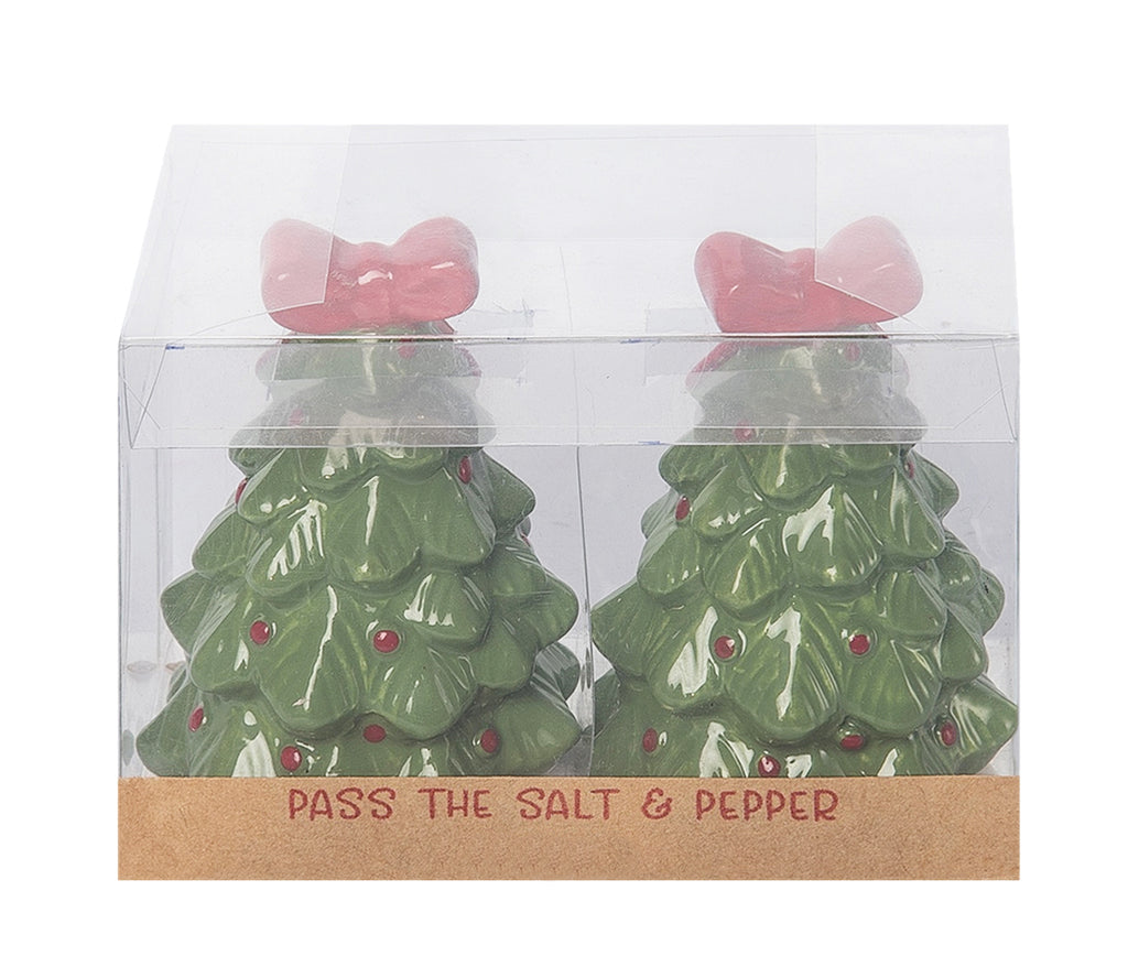 Christmas Tree Salt and Pepper Shaker Set, Ceramic, 3 Inches High, Green with Red Bow, Holiday Table Decor