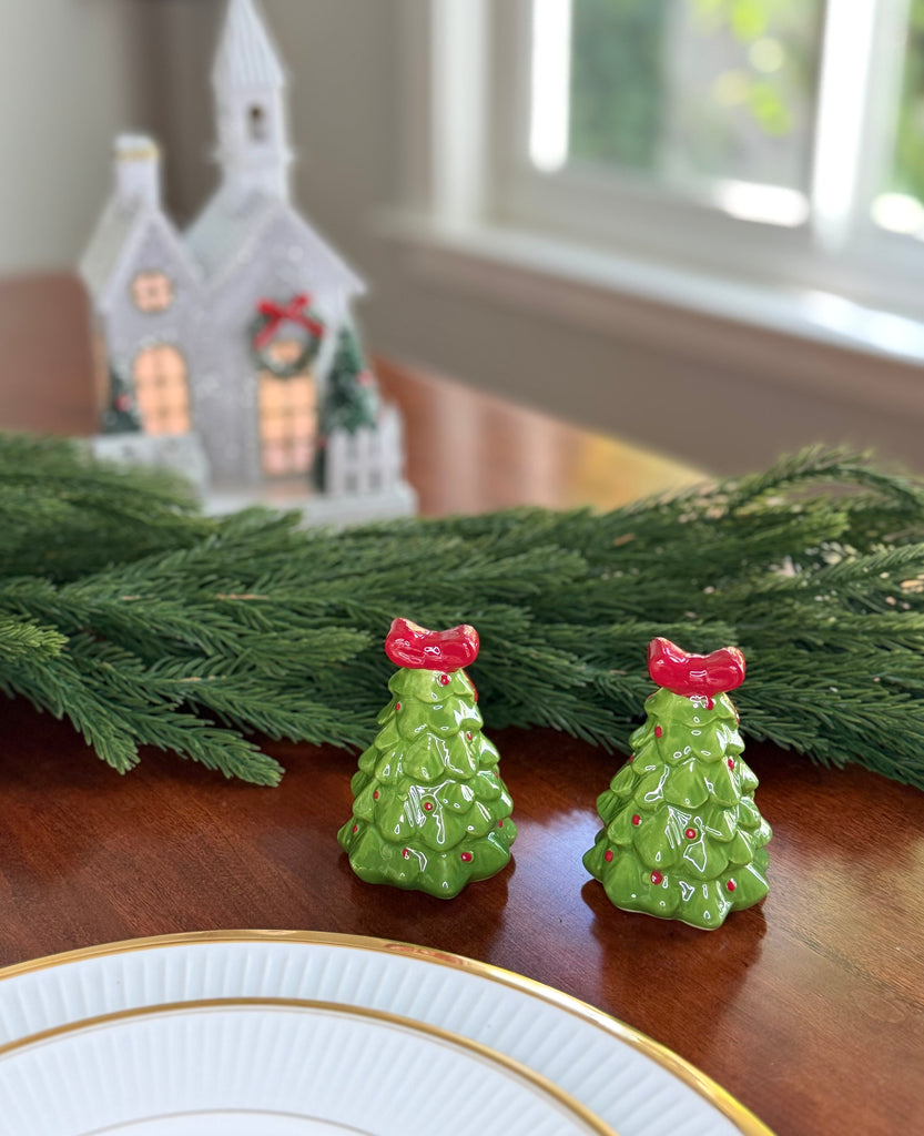 Christmas Tree Salt and Pepper Shaker Set, Ceramic, 3 Inches High, Green with Red Bow, Holiday Table Decor