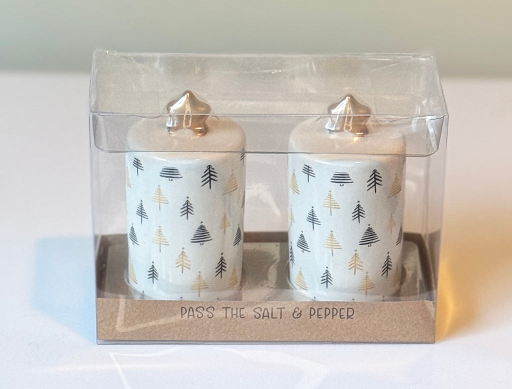 Modern Christmas Tree Salt and Pepper Shaker Set, Ceramic with Gold Stars, 3.5" x 1.75", White and Black