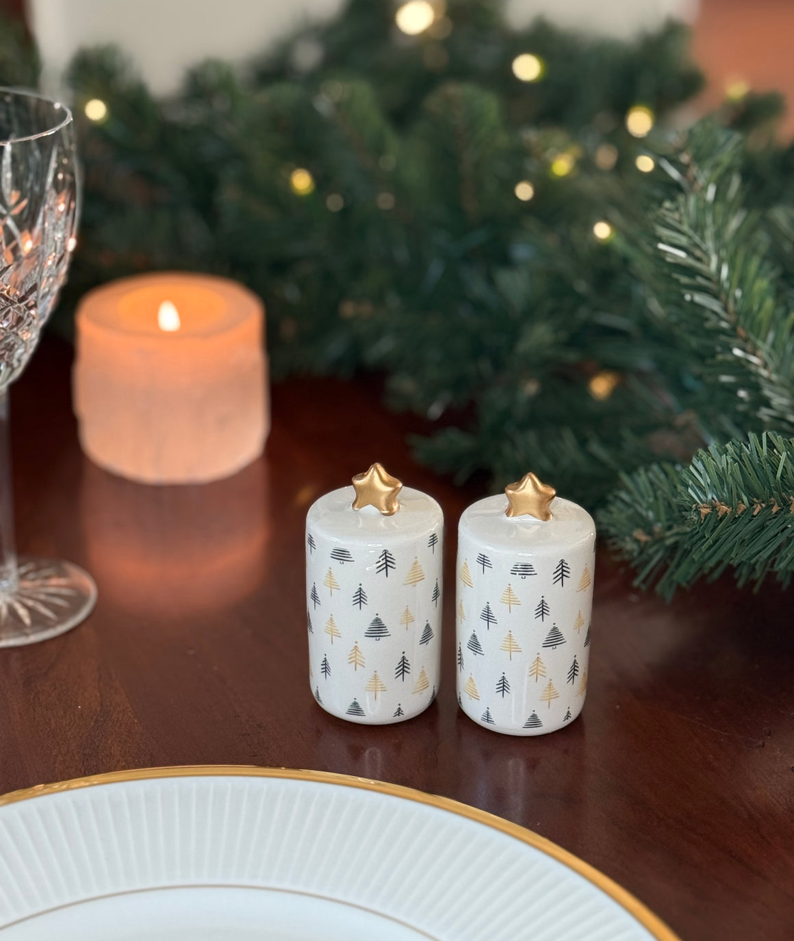 Modern Christmas Tree Salt and Pepper Shaker Set, Ceramic with Gold Stars, 3.5" x 1.75", White and Black