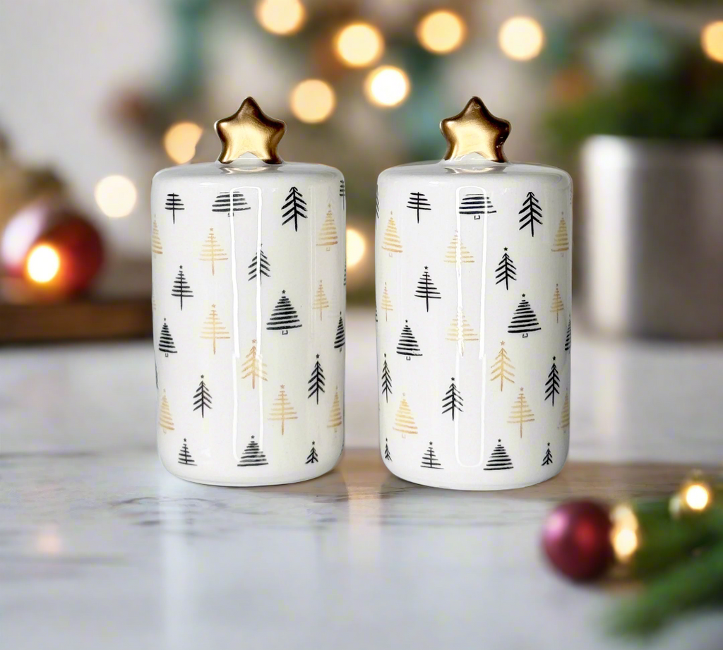 Modern Christmas Tree Salt and Pepper Shaker Set, Ceramic with Gold Stars, 3.5" x 1.75", White and Black