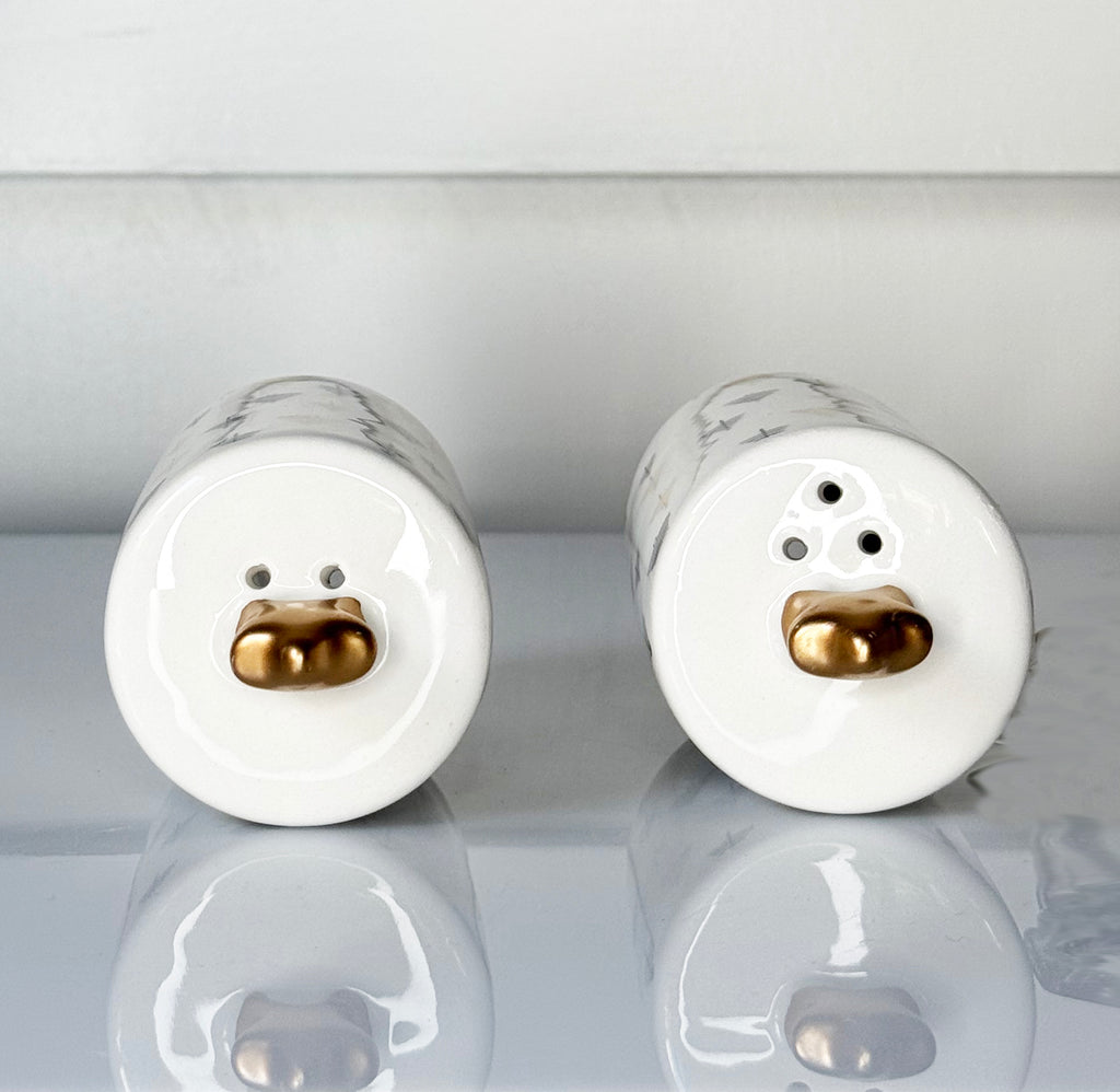 Modern Christmas Tree Salt and Pepper Shaker Set, Ceramic with Gold Stars, 3.5" x 1.75", White and Black