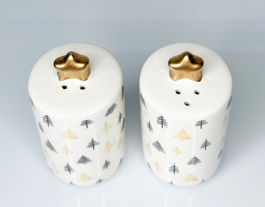 Modern Christmas Tree Salt and Pepper Shaker Set, Ceramic with Gold Stars, 3.5" x 1.75", White and Black
